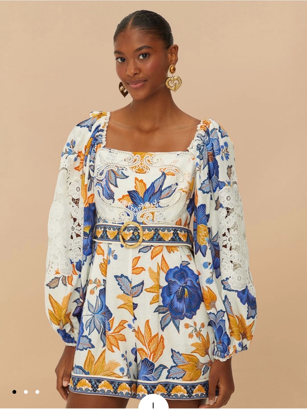 Farm Rio Floral Square-Neck Puff Sleeve Romper in White with Blue & Mustard
